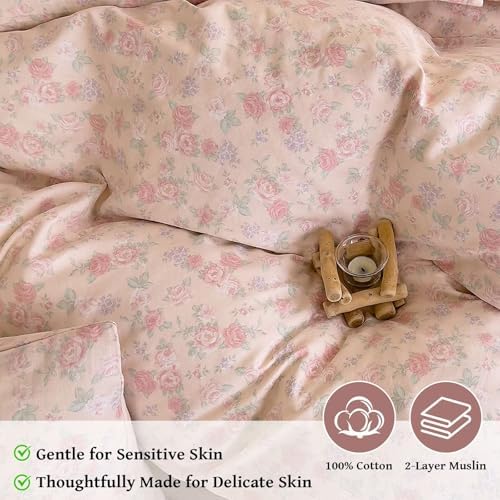 Pink Floral Twin Size Duvet Cover Soft 100% Cotton Double Layer Muslin Comforter Cover Set for Teen Girls Kids,Pink Flower Bedding Set 3 Pieces,Includes 1 Duvet Cover& 2 Pillowcases