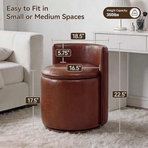 HUBSON Vanity Chair with Storage, Waterproof Leather Swivel Chairs with Back, Modern Round Accent Makeup Chair, No Assembly Vanity Stool for Living Room, Bedroom, Dressing, Brown Leather
