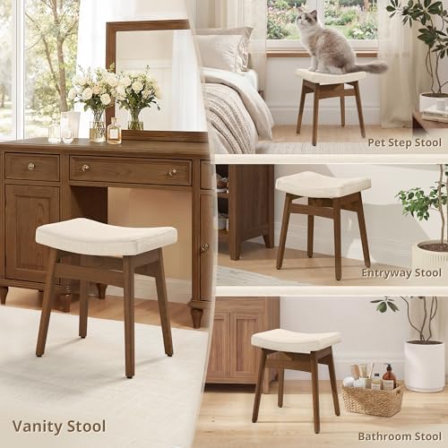 LUE BONA Vanity Saddle Stool with Wood Legs, Modern Vanity Chair for Makeup