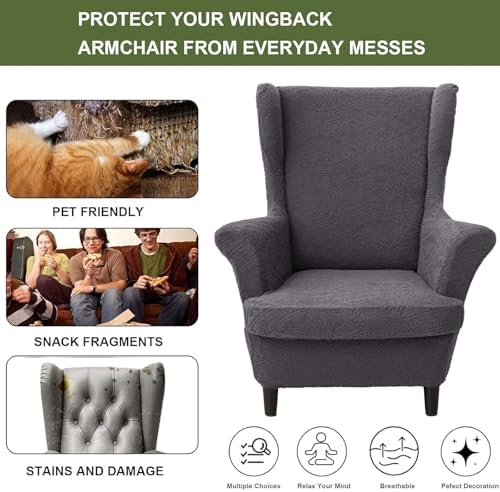 HAOYONG 2 Piece Wingback Chair Covers Stretch Wing Chair Slipcover Jacquard Wing Back Chair Covers with Arms Washable Armchair Cover Protection Furniture for Living Room and Bedroom (Dark Gray)