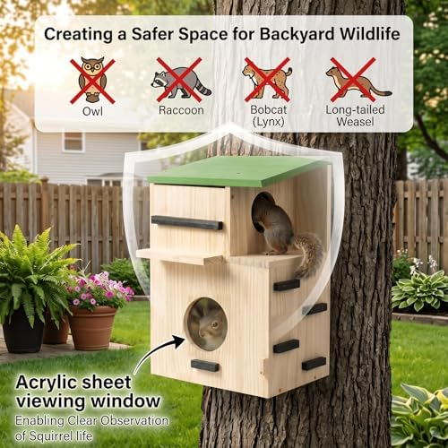 Large Squirrel Houses for Outside, Squirrels Nesting Box with Platform, Solid Wood Squirrel Box, Backyard Squirrel House Squirrels Feeders for Outside
