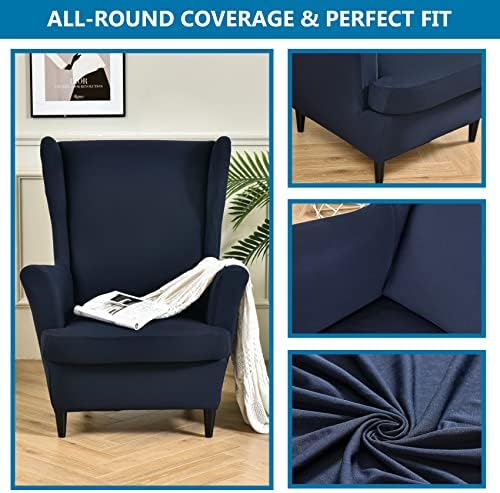 HZDHCLH Wingback Chair Slipcovers 2 Piece,Stretch Spandex Wingback Chair Covers for Living Room Armchair,Washalbe Sofa Slipovers (Navy Blue)