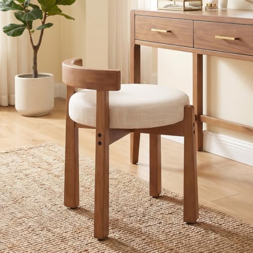 Ya-Home Modern Vanity Chair Upholstered Small Ottoman Footstool, Make Up Stool Linen Fabric with Backrest Wooden Frame for Living Room Bedrooms, 1PC, Beige
