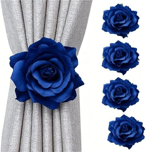 Magnetic Curtain Tiebacks, Rose Flower Tie Backs Rope for Curtains, Elegant 4 Pack Decorative Holdbacks Holders, Home Decor Thin or Sheer Window Drapries Bed Canopy (Blue)