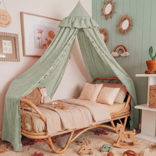 SmoothNovelty Gingham Plaid Bed Canopy, Green White, Round