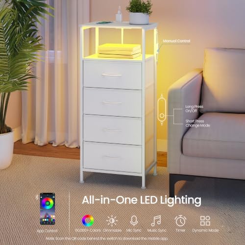 SONGMICS Nightstand with Charging Station, 4 Fabric Drawers