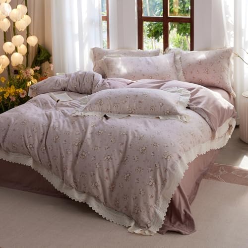HighBuy Vintage Floral Duvet Cover Twin XL Ruffle Lace Design,Premium Muslin Cotton Coquette Floral Comforter Cover Set for College,Farmhouse Gauze Bedding Set with 2 Pillowcases