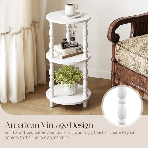 Yoobure Small Round Side Table - 3-Tier End Table with Storage Shelf, Narrow Bedside Table Nightstand for Bedroom, Accent End Tables Living Room, Wood Side Tables for Small Spaces, Office, White