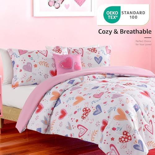 Twin Comforter Set for Girls-3 Pieces Heart Printed Twin Bedding Sets