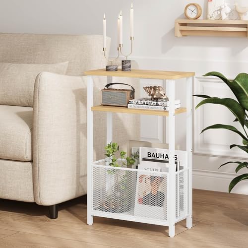 MMEOLUOOK Narrow Side Table with Storage Basket Skinny End Tables for Smalls Spaces 3 Tier Sofa Table Small Nightstand Slim Bedside Table for Living Room Bedroom Natural Wood MLBZ22Y