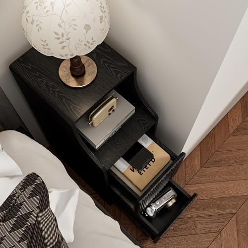 Black Fluted Small Nightstand Set of 2, Mid Century Modern Bedside Table with 2 Drawers, Wooden Skinny Vintage Side Table, Narrow Night Stand, Slim End Table, for Bedroom, Living Room
