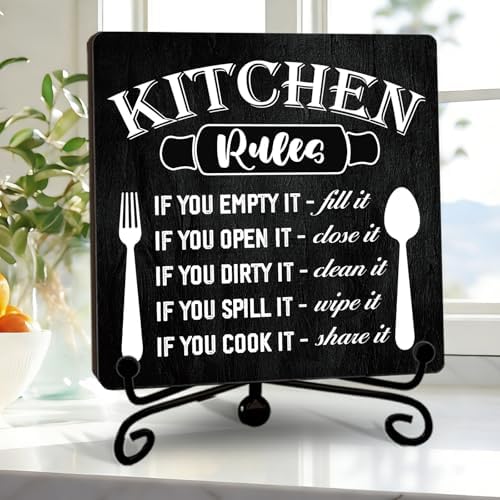 DETIHO Farmhouse Kitchen Decor, Rustic Kitchen Rules Sign Counter Decor