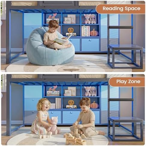 Twin Size Low Loft Bed with 9 Storage Drawers, Bookcase and LED Lights, House-Shaped Metal Twin Loft Bed with Step Stool and Safety Guardrail, Kids Loft Bed with Under-Bed Play Space, Grey
