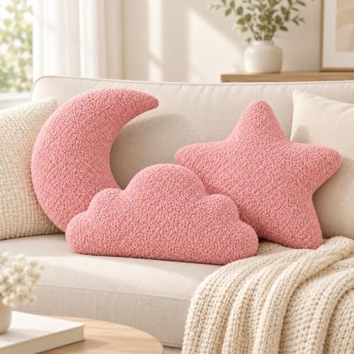 3 Pack Cloud Moon Star Shaped Throw Pillows 16 Inch Pink Plush Pillow Set