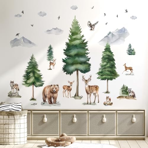 wondever Mountain Pine Trees Wall Decals Woodland Animals Wall Stickers