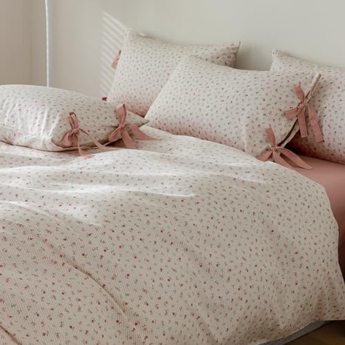 Floral Print Duvet Cover Full Size Cottage Pink Striped Bedding Set 3pcs