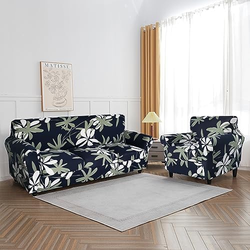 SearchI Stretch Sofa Cover Printed Couch Covers, Floral Pattern 2 Piece Armchair Slipcover with Separate Chair Cushion Cover, Washable Furniture Protector for Living Room(Chair, Navy Blue)