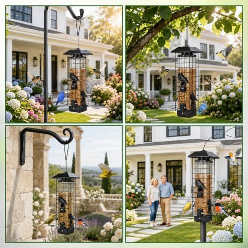 Gbekery Metal Squirrel Proof Bird Feeders for Outdoors Hanging, Black