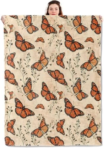 Butterfly Blanket Lightweight Blankets Gifts for Women Flannel Throw with Vintage Monarch Butterflies and Botanical Printed for Sofa, Bed, Picnic, Office, Retro Decor Throws 50x40 Inch