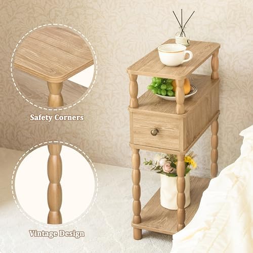 MaxSmeo Narrow End Table, Small Side Table Living Room with Drawer, Narrow Bedside Table Nightstand with Storage for Small Spaces, Bedroom (Rustic Walnut)