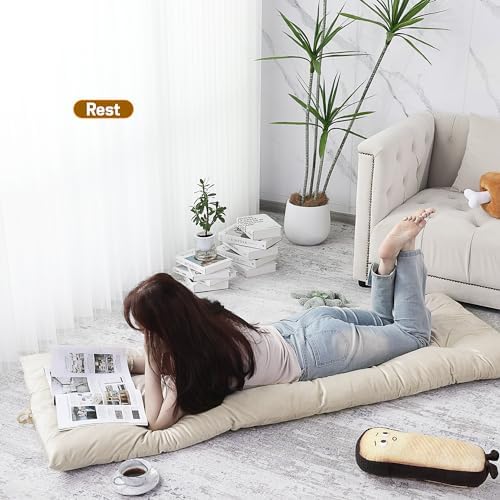 BALAPET Floor Lounger Pillow,Foldable Light Thick Tufted Floor Pillow Cushion with Elasticized Webbing for Easy Storage Floor Lounger for Meditation, Playing, Yoga, Reading, Sleeping(Beige White)