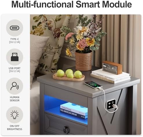 Farmhouse Nightstand Set 2 with Gun Drawer,Bedside Table with Charging Station and Human Body Senor,3 LED Lights Night Stand with 3 Drawers and Open Shelf,End Side Table for Bedroom(Grey)