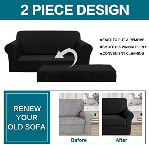 Turquoize Stretch Sofa Slipcover 2 Pieces Sofa Cover Couch Cover for 2 Cushion Couch Washable Furniture Protector Covers with Elastic Bottom Feature Thick Jacquard Fabric (Loveseat, Black)