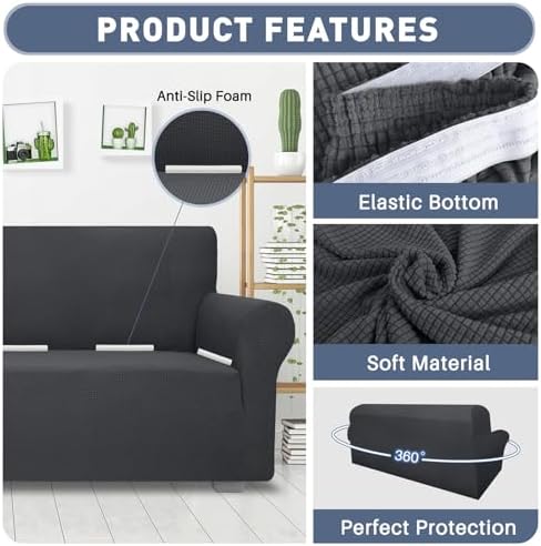 JIVINER Super Stretch Chair Sofa Slipcovers 1-Piece Jacquard Chair Covers for Living Room Soft Anti Slip 1 Seater Couch Furniture Protector Small Checks for Kids Pets (Chair, Grey)