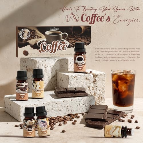 Coffee Fragrance Oil Set, Premium Essential Oils for Diffusers for Home, Blueberry Muffin, Café Mocha, Hot Chocolate, Coffee and More, Candle Scents for Candle Making, DIY Soaps, Aromatherapy