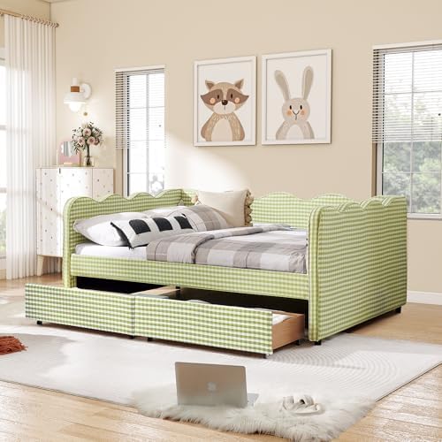 Full Size Daybed with Storage Drawers, Linen Gingham Daybed with USB Ports & Wave Shaped, Upholstered Day Bed Frame, Modern Sofa Bed for Living Room/Bedroom/Guest Room, No Box Spring Needed, Green