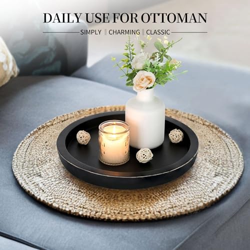 Hanobe Wooden Tray for Coffee Table: Candle Holder Plate Black Round Decorative Serving Tray - Vintage Table Centerpiece Rustic Farmhouse Home Decor