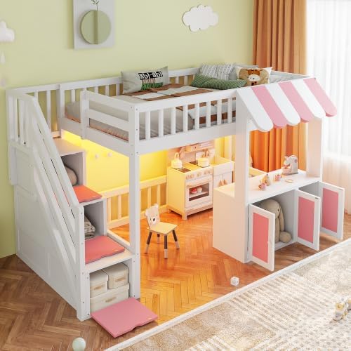 LUMISOL Twin Size Loft Bed with Storage Steps and Under Bed Cabinets, Playhouse Loft Bed Frame with LED Light, White+Pink