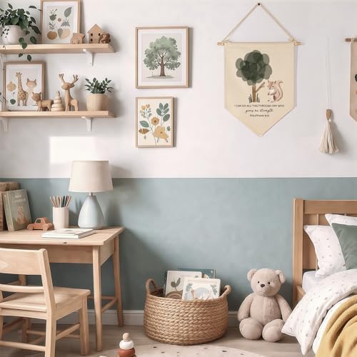 Woodland Animal Fox,I Can Do All This-Philippians 9:13-Flag Wall Decor Gift for Baby Girls Boys Kids-Canvas Hanging Pennant Banner Pennant Wall Sign Gift for Nursery Baby Room Playroom Bedroom
