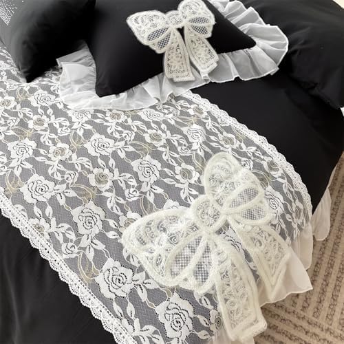 MOOWOO Chic Ruffle Lace Twin Duvet Cover Set-Bow Duvet Cover with Butterfly Tie-2 Piece Comforter Duvet Cover with Zipper Closure,Coquette Room Decor-Black,Full Size