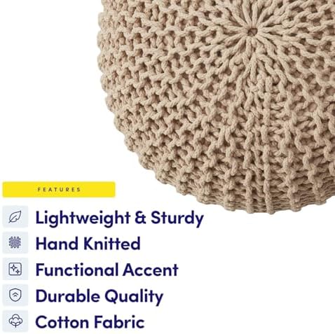 Pouf Ottoman Foot Rest Stuffed – 20” Diameter x 14” Tall Cozy Floor Pouf for Living Room, Bedroom, Nursery & More – 100% Cotton Knit Shell, EPS Bead Filled Footrest & Accent Chair, Taupe