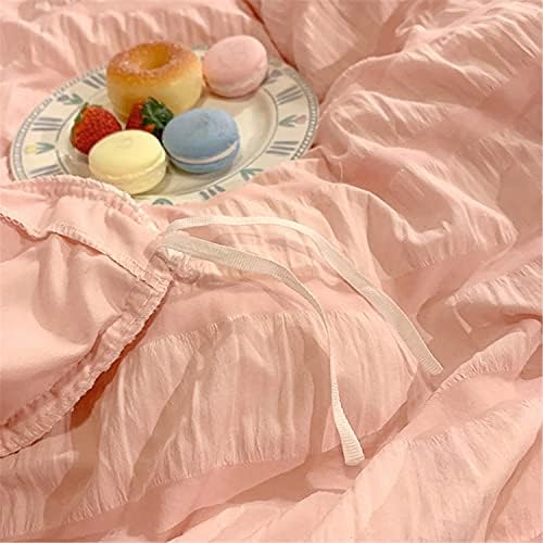Girls Pink Ruffled Bedding-3 Pieces Queen Seersucker Duvet Cover Textured Stripe Style, Soft Lightweight, Washed Microfiber, Zipper Closure and Ties