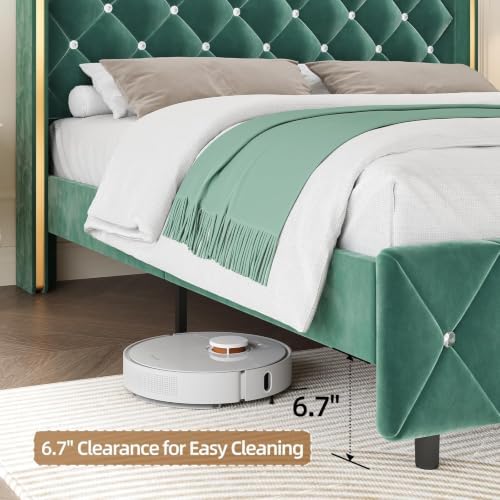 HOMBCK King Bed Frame with Velvet Headboard, Goldside Wingback, Green