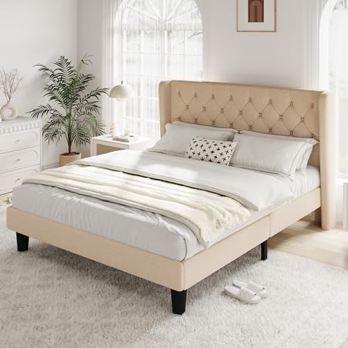 Allewie Queen Size Bed Frame with Button Tufted Wingback Headboard, Beige