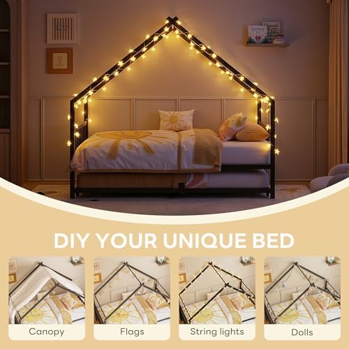 LIKIMIO Daybed with Trundle, House Twin Bed Frame for Bedroom, Black