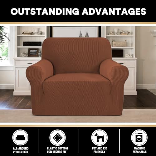 PrinceDeco Stretch Chair Cover Chair Slipcovers with Arms 1-Piece Chair Sofa Slipcovers or Living Room Non Slip Armchair Cover Furniture Protector Dogs Pet Friendly(Armchair, Caramel)