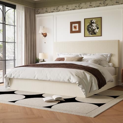 Allewie King Bed Frame, Adjustable Corduroy Headboard, Platform, Cream