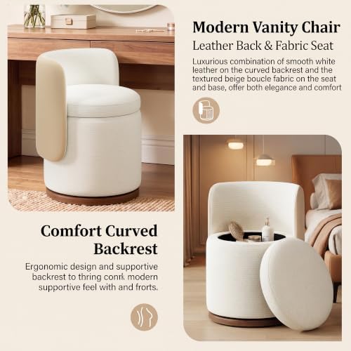 Ottoman with Storage, Round Vanity Stool with Back