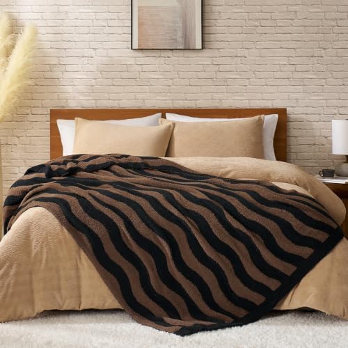 Snuggle Sac Wave Stripe Throw Blanket for Couch, Fuzzy Microfiber Blankets, Throws for Girls Daughter Gifts for Kid, Wave Chocolate Brown, 60x80 inches