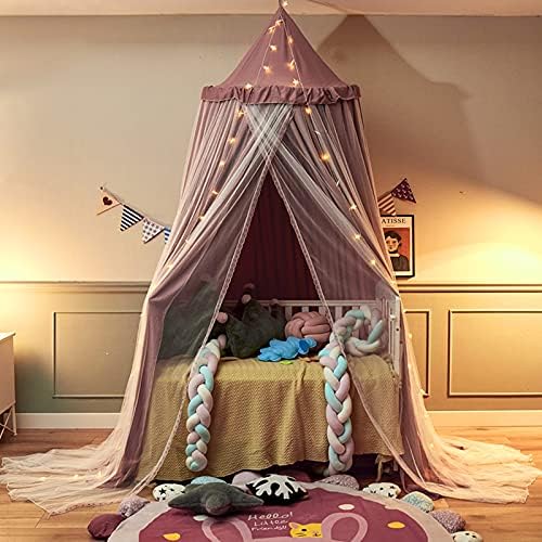 VETHIN Bed Canopy Double Layer Princess Round Dome Dreamy Mosquito Net Bedding Girls Room Castle Play Tent Hanging House Decor Reading Nook Canopies(Jujube Red/White)