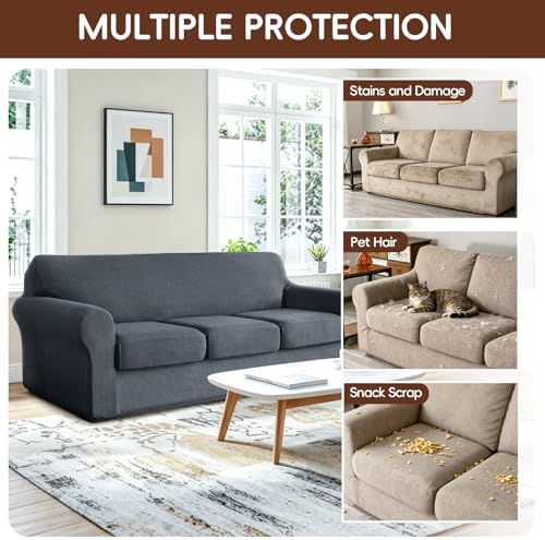 4 Pieces Stretch Couch Covers for 3 Cushion Sofa Cover Decorative Sofa Slipcover Non Slip Washable Thick Soft Elastic Furniture Protector for Pets,(Large, Dark Gray)