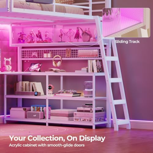 ADORNEVE Gaming Loft Bed Full Size with U-Shaped Desk & RGB Cabinet, White