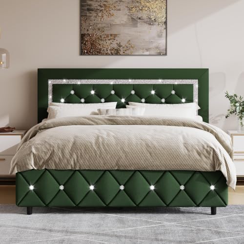 BarnFurin Full Size Bed Frame with Headboard, Faux Leather Upholstered Bed with Diamond Tufted Design, Mordern Bed Frame with Wooden Slats Suppor, No Box Spring Required, Easy Assembly, Green