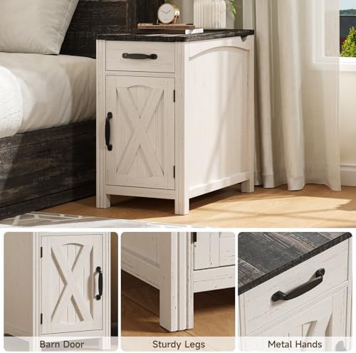 ONBRILL Farmhouse End Table Set of 2 with Charging Station,Rustic White