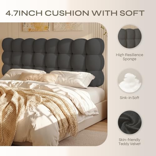 Pinmoco Queen Upholstered Headboard with Adjustable Height, Ergonomic Design, Memory Foam Cloud-Shaped, Teddy Fleece, Grey