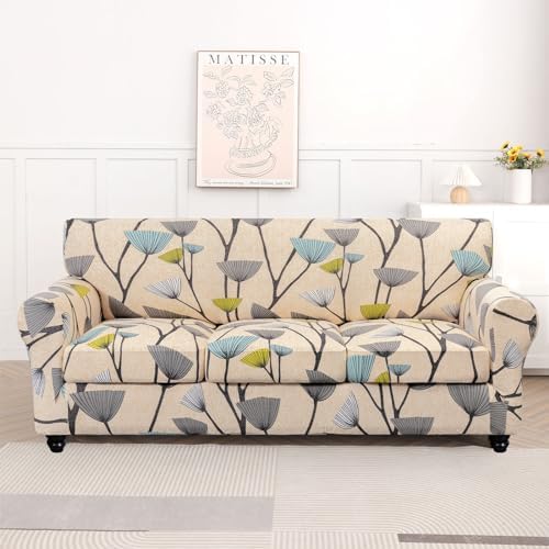 SearchI Stretch Sofa Cover Printed Couch Cover, Floral Pattern 4 Pieces Sofa Slipcover with 3 Separate Cushion Cover, Washable Furniture Protector for Living Room(Sofa, Dandelion Pattern)